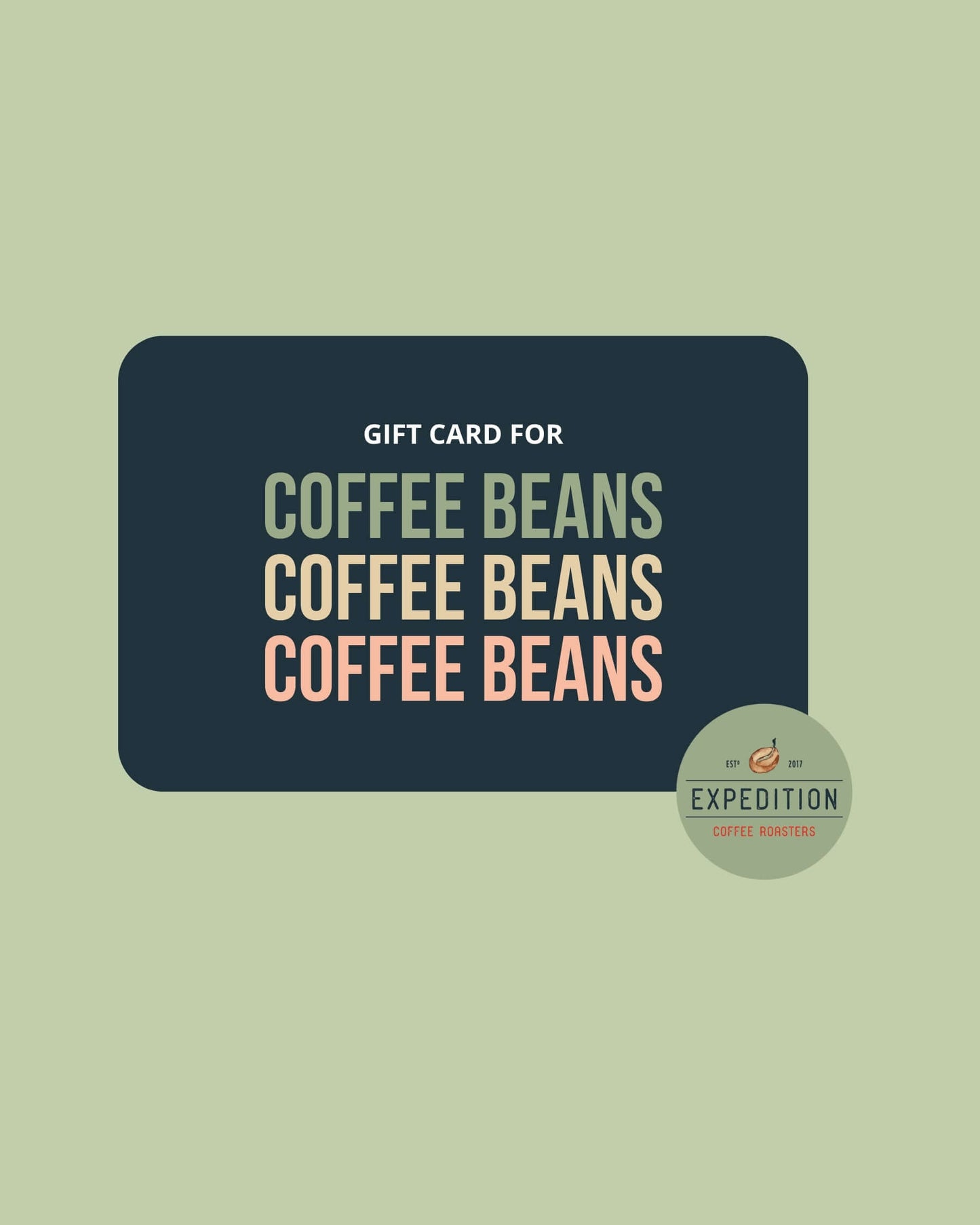 Expedition Coffee Roasters gift card graphic in navy and green to redeem for coffee beans and merchandise.