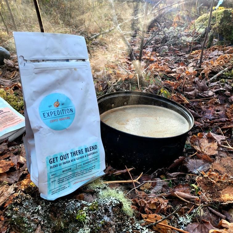 Get Out There coffee blend expedition roasters on a camping trip