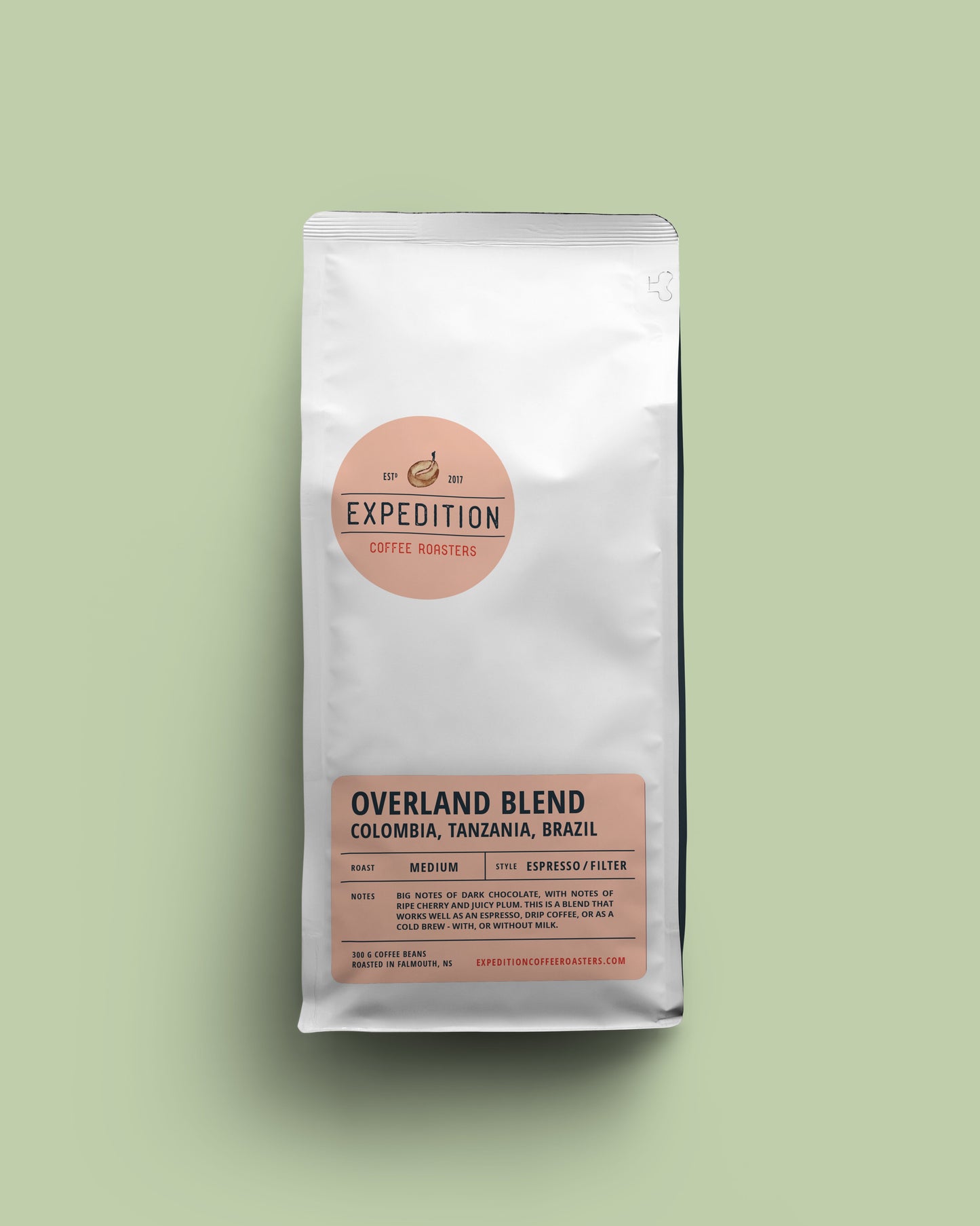 Overland Blend Coffee bag labeled 'Expedition Coffee Roasters' on a light green background