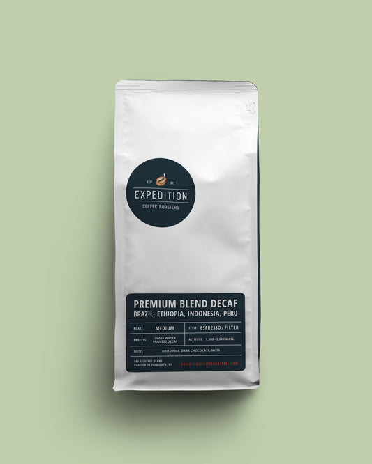 Coffee bag labeled 'Expedition Coffee Roasters' on a light green background