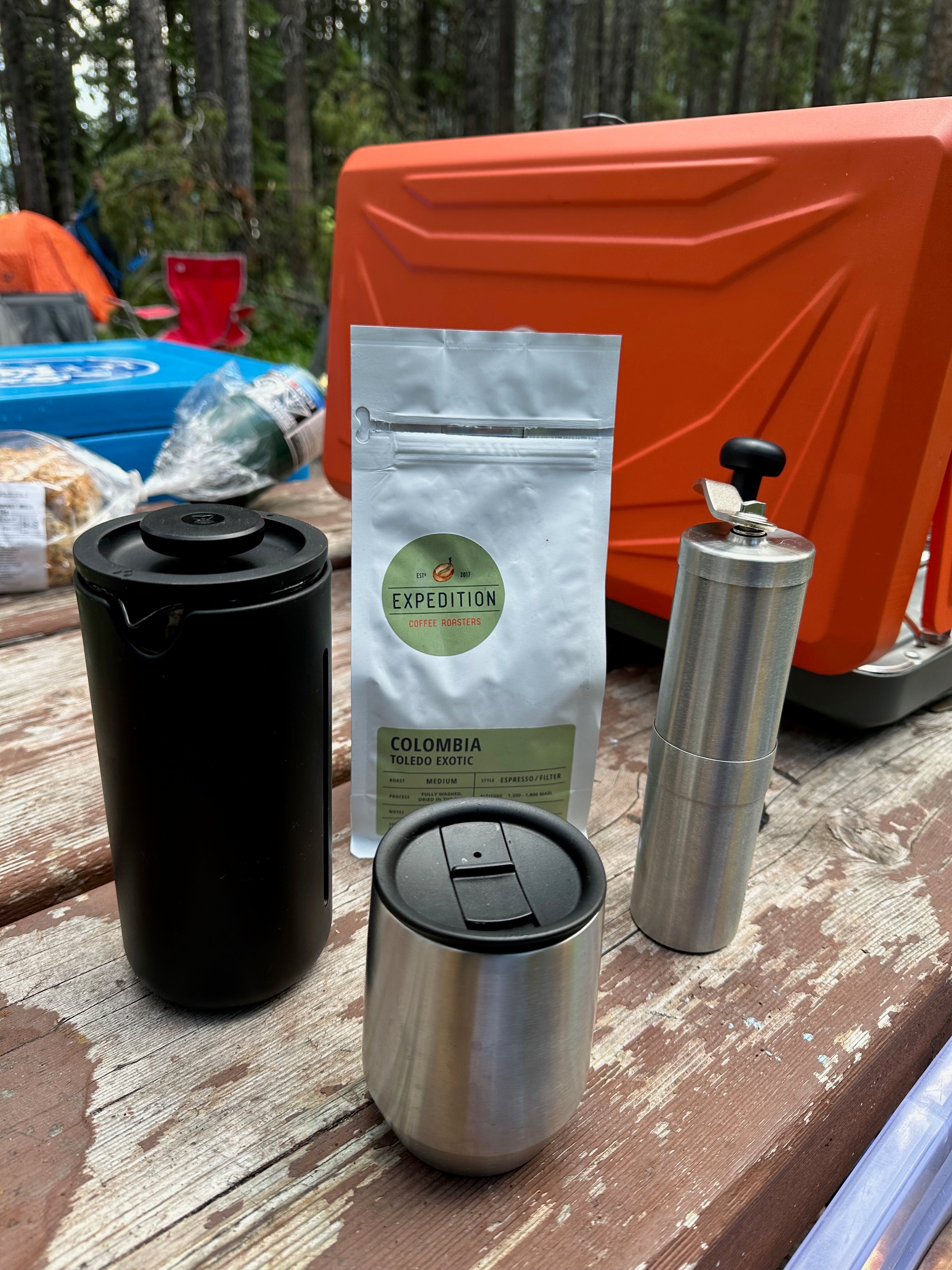 using expedition coffee beans for our french press while camping