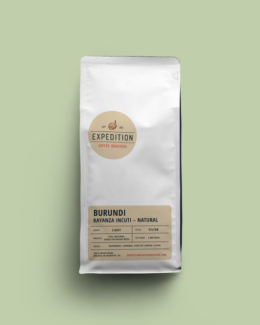 Mockup of light roast Burundi Kayanza Incuti beans from Expedition Coffee Roasters