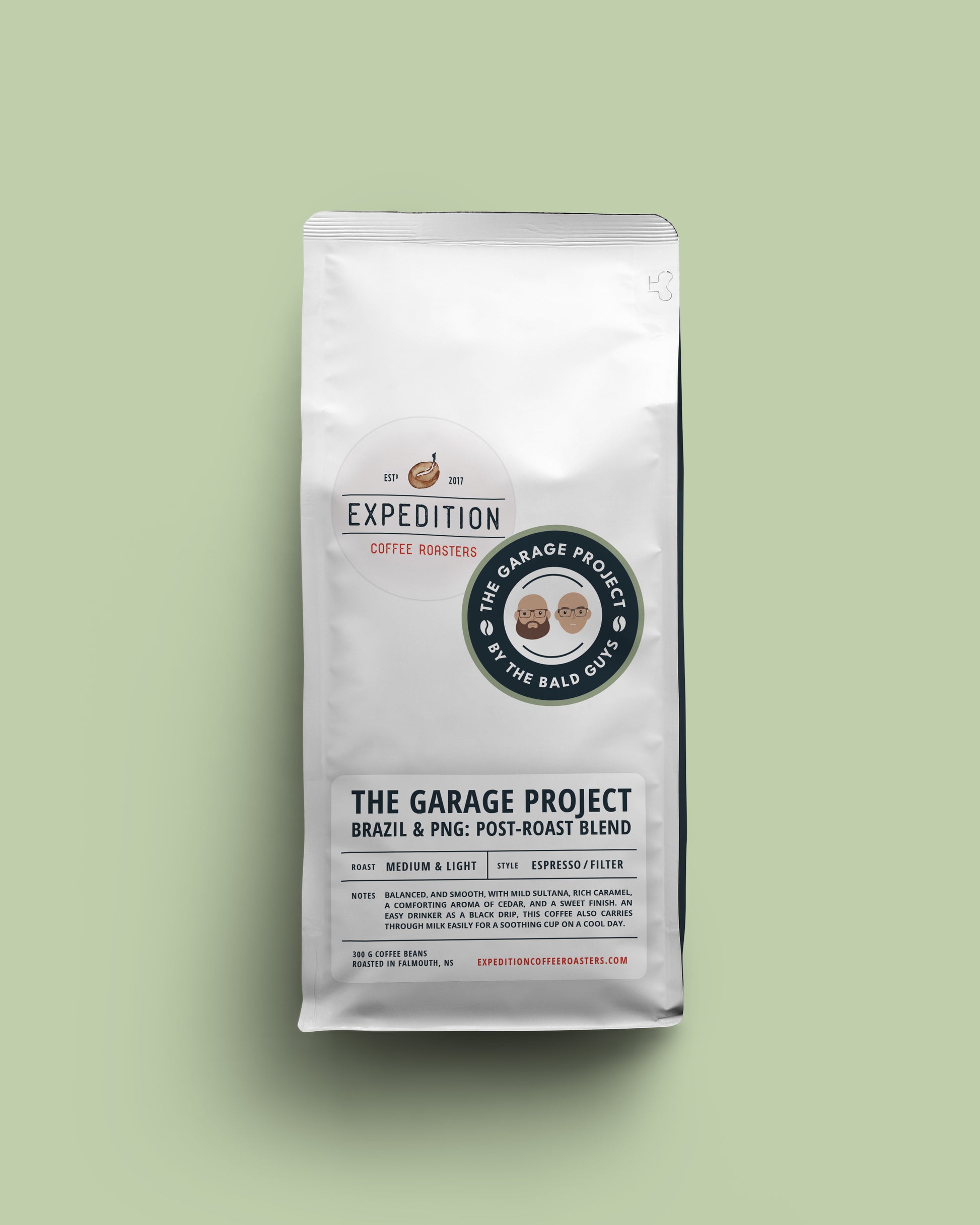 Coffee bag from The Garage Project on a light green background