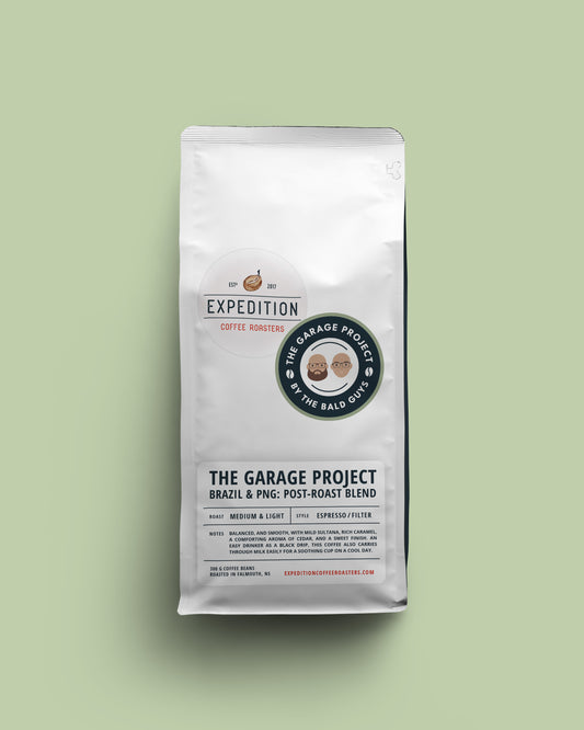 Coffee bag from The Garage Project on a light green background